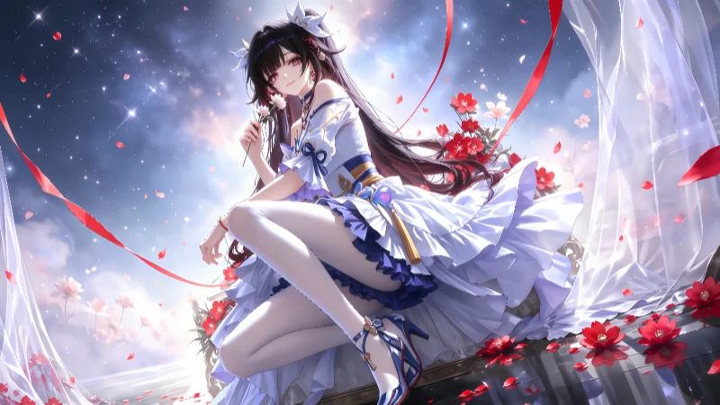 《崩坏:星穹铁道》花火唯美白裙高清壁纸合集:星空与红花意境