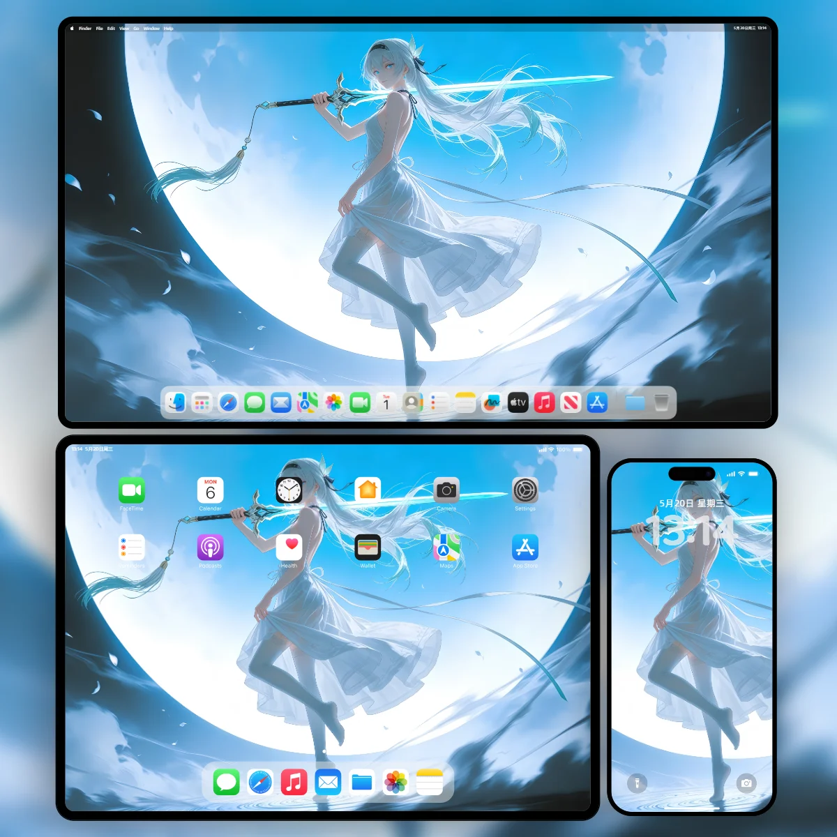 崩坏星穹铁道流萤8K超清壁纸-满月现代唯美白裙执冰剑三端适配样机-奇漫壁纸官网