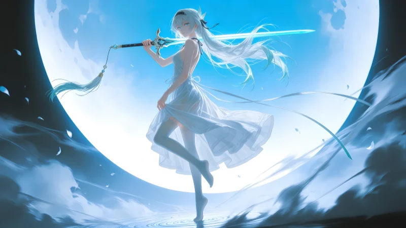 《崩坏:星穹铁道》流萤 8K 超清壁纸:满月之下执冰剑,唯美白裙全设备适配版