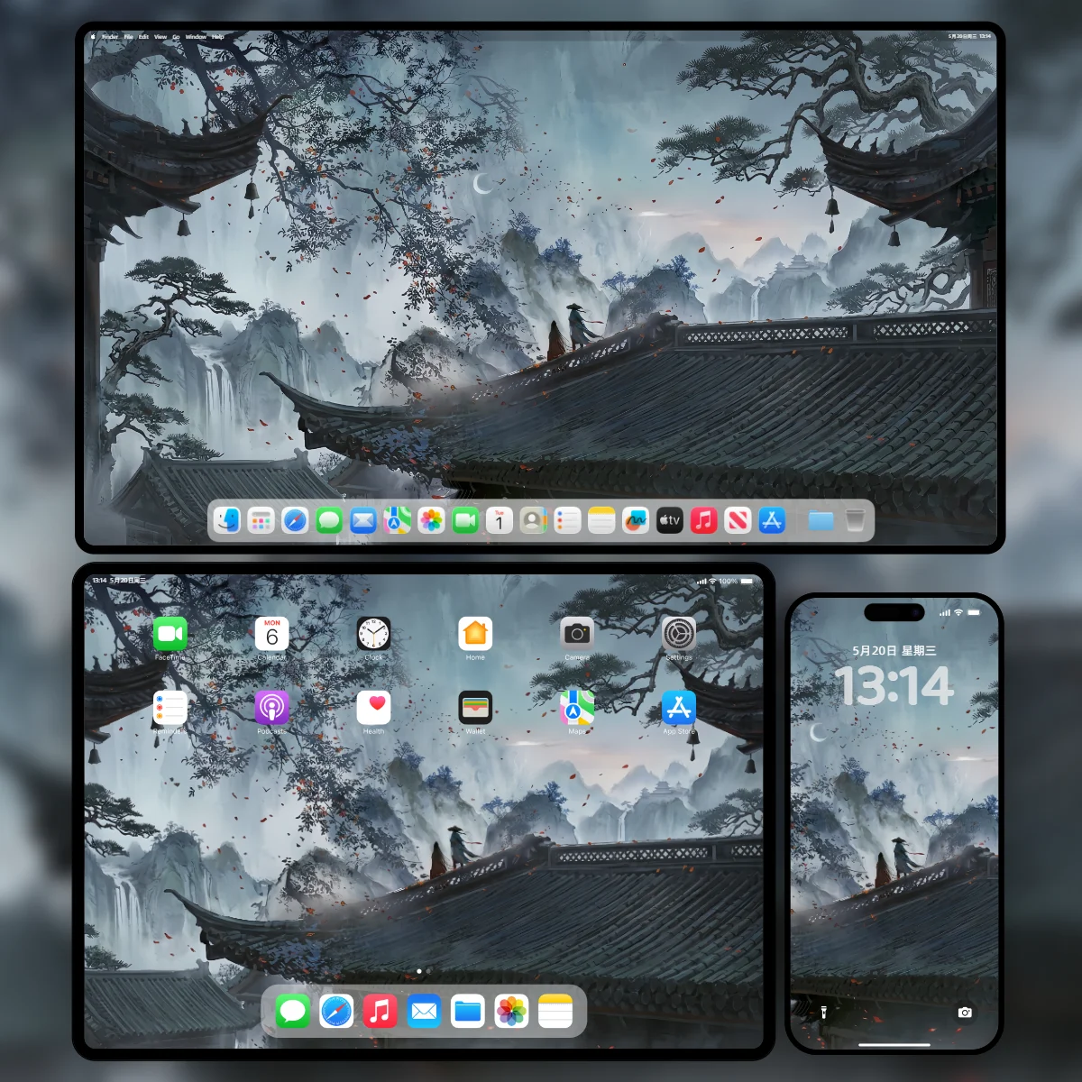 极具意境的国风水墨山水风景画壁纸包含古建屋檐苍松与远山飞瀑-包含超清画质的三端样机效果展示-奇漫壁纸官网