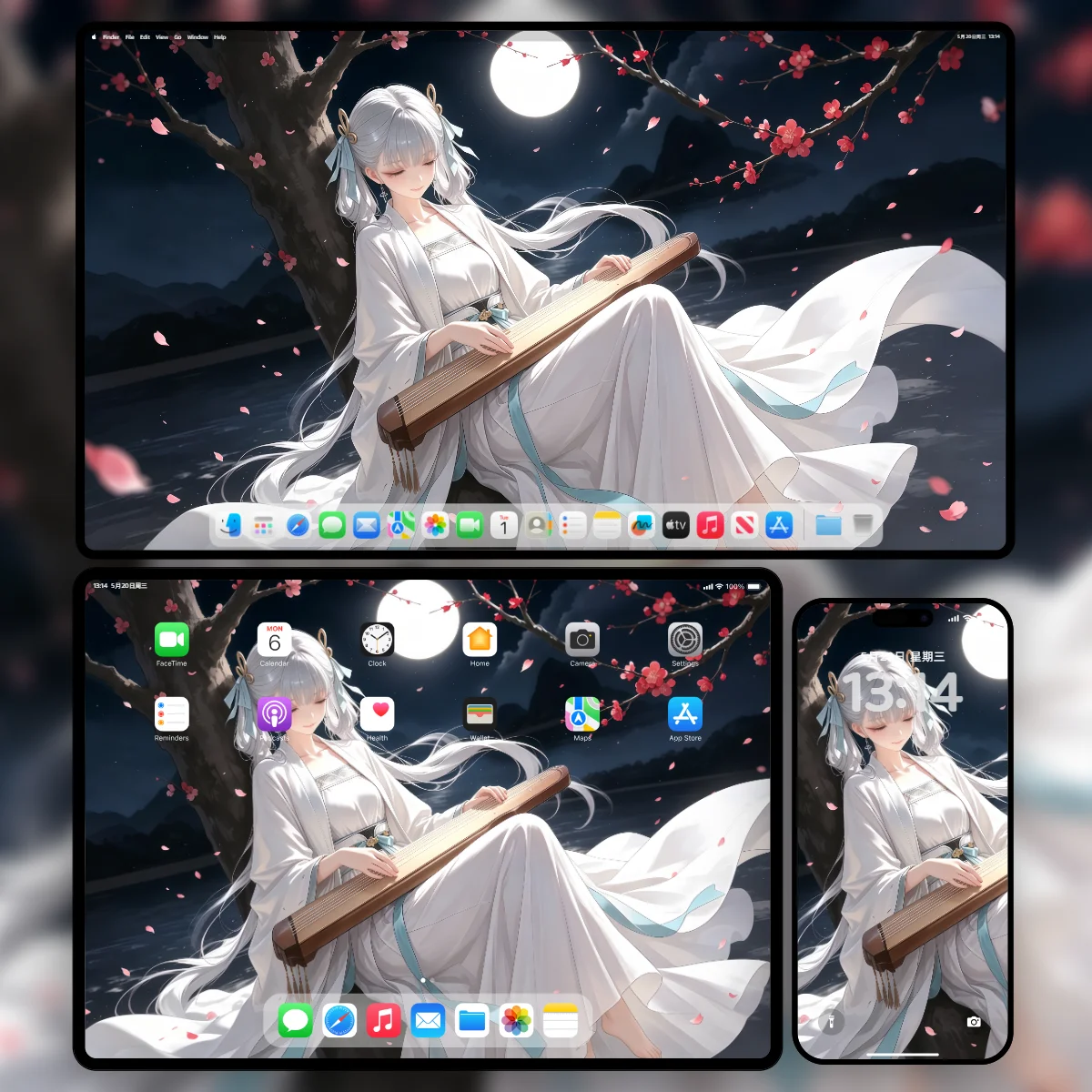 鸣潮今汐月下抚琴落花飞舞的古风唯美PNG超清壁纸-奇漫壁纸官网