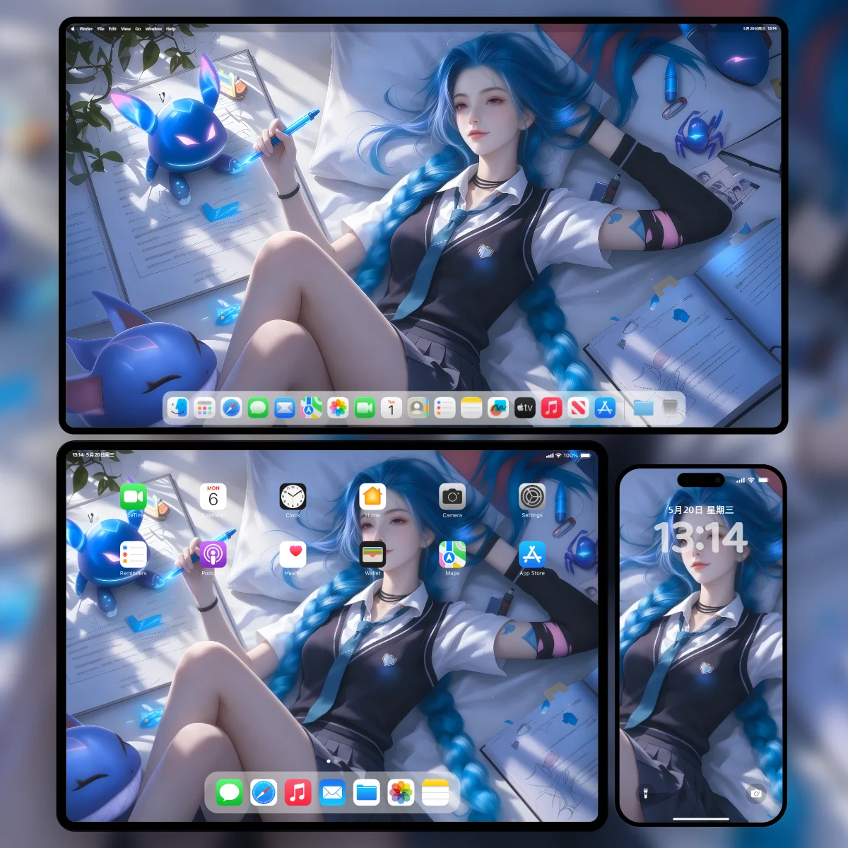 英雄联盟金克丝身穿校园制服躺在书桌边的8000x4500超清壁纸-蓝色长辫发型-电脑平板手机三端极限分辨率样机-奇漫壁纸官网