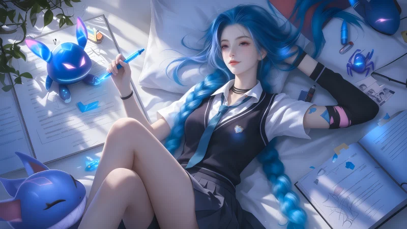 金克丝 8K 电脑/手机壁纸:英雄联盟校园制服风同人,8000×4500 极致分辨率全端适配