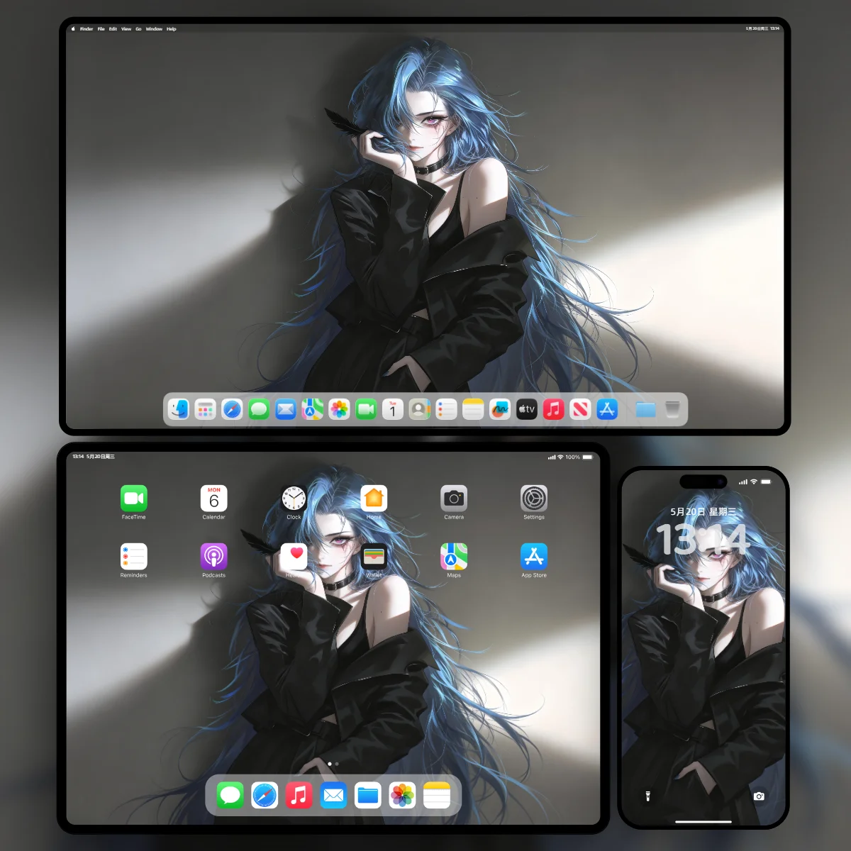 英雄联盟金克丝蓝发黑色皮衣同人壁纸-手持羽毛冷酷眼神细节-三端适配样机展示-奇漫壁纸官网