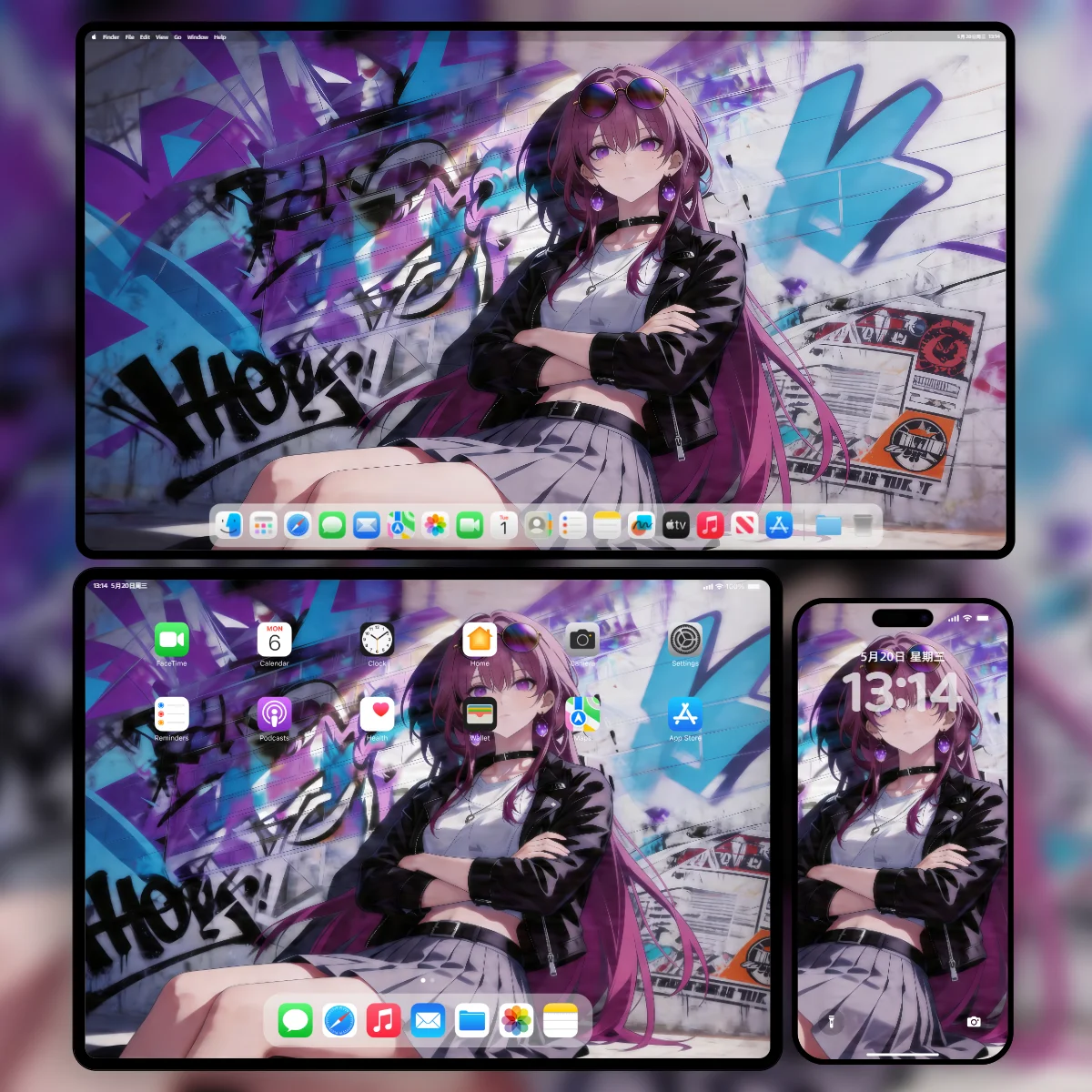 崩坏星穹铁道卡芙卡身穿黑色机车皮衣街头涂鸦背景的8000x4500超清壁纸-手机平板电脑极致分辨率样机展示-奇漫壁纸官网