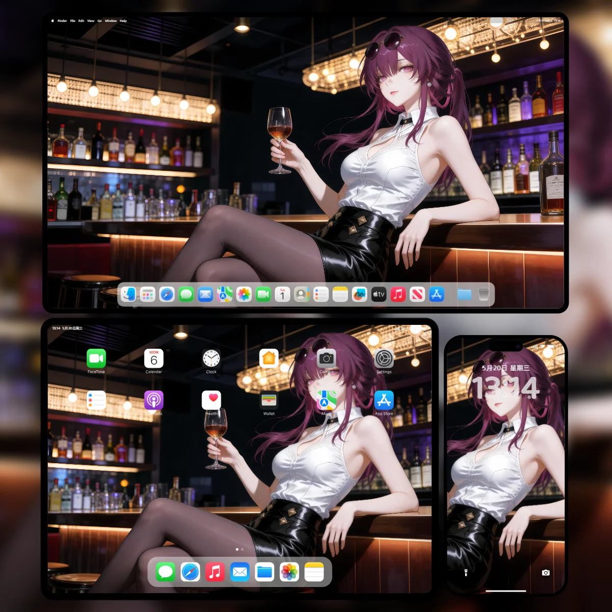 崩坏星穹铁道卡芙卡头上戴着墨镜身穿白色无袖上衣与黑色皮裙在酒吧吧台拿着高脚杯的8000x4500超清壁纸-电脑平板手机三端极限分辨率样机展示-奇漫壁纸官网