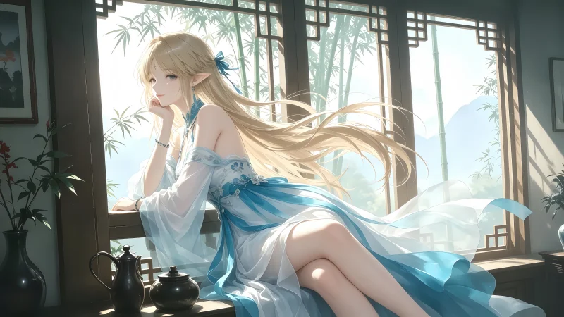 《鸣潮》卡提希娅唯美白裙壁纸:窗边洒落的治愈微光,PNG无损格式原画分享