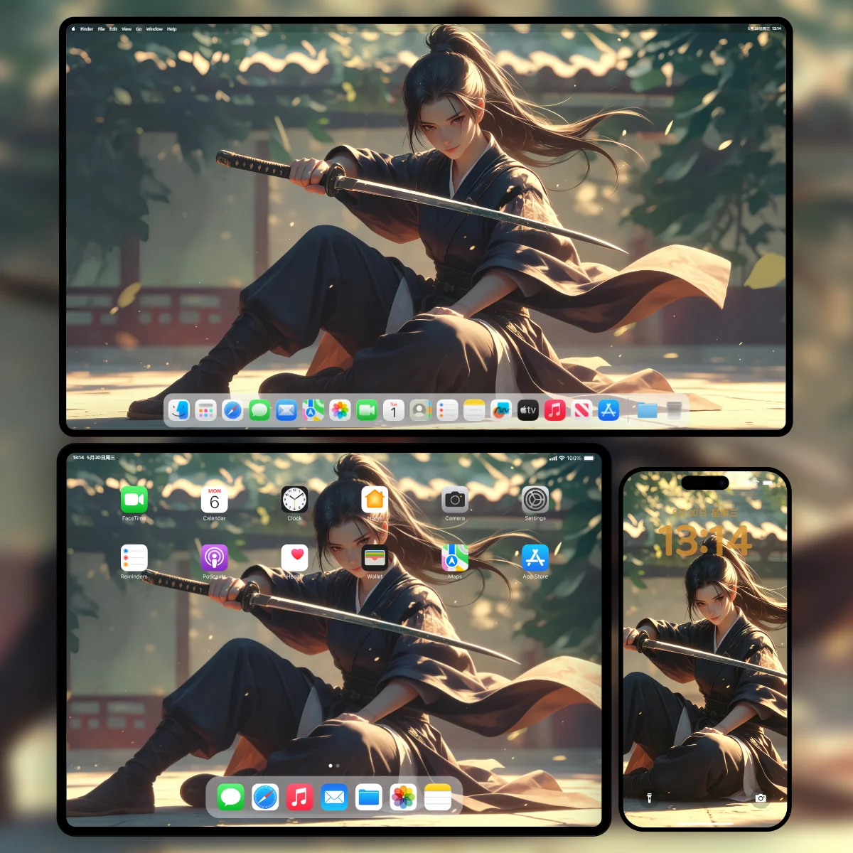 高马尾少女剑客在阳光明媚的庭院中手持长剑的唯美武侠风PNG超清壁纸-奇漫壁纸多终端无损样机展示