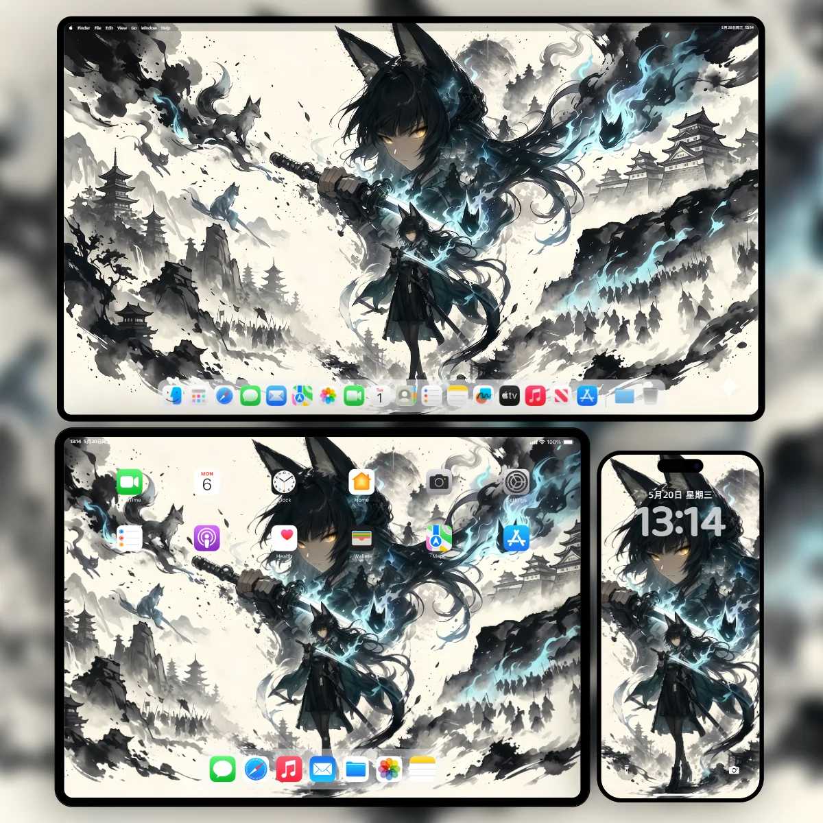 绝区零星见雅拥有狐耳手持武士刀身伴幽蓝狐火的水墨风超清壁纸-包含电脑平板手机三端极致画质样机展示-奇漫壁纸官网