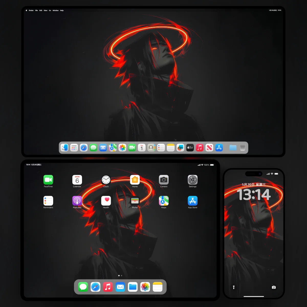火影忍者佐助暗黑风壁纸-红黑光影发光神环三端适配样机-奇漫壁纸官网