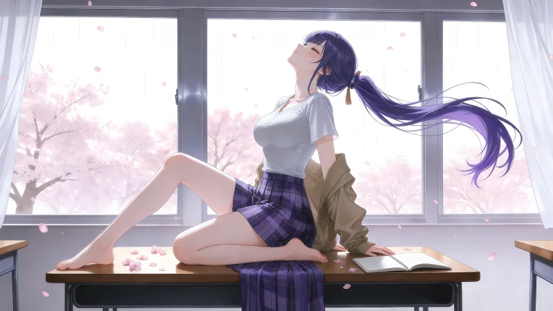 《原神》雷电将军现代校园风:樱花窗边的慵懒午后,高画质纯净桌面原画