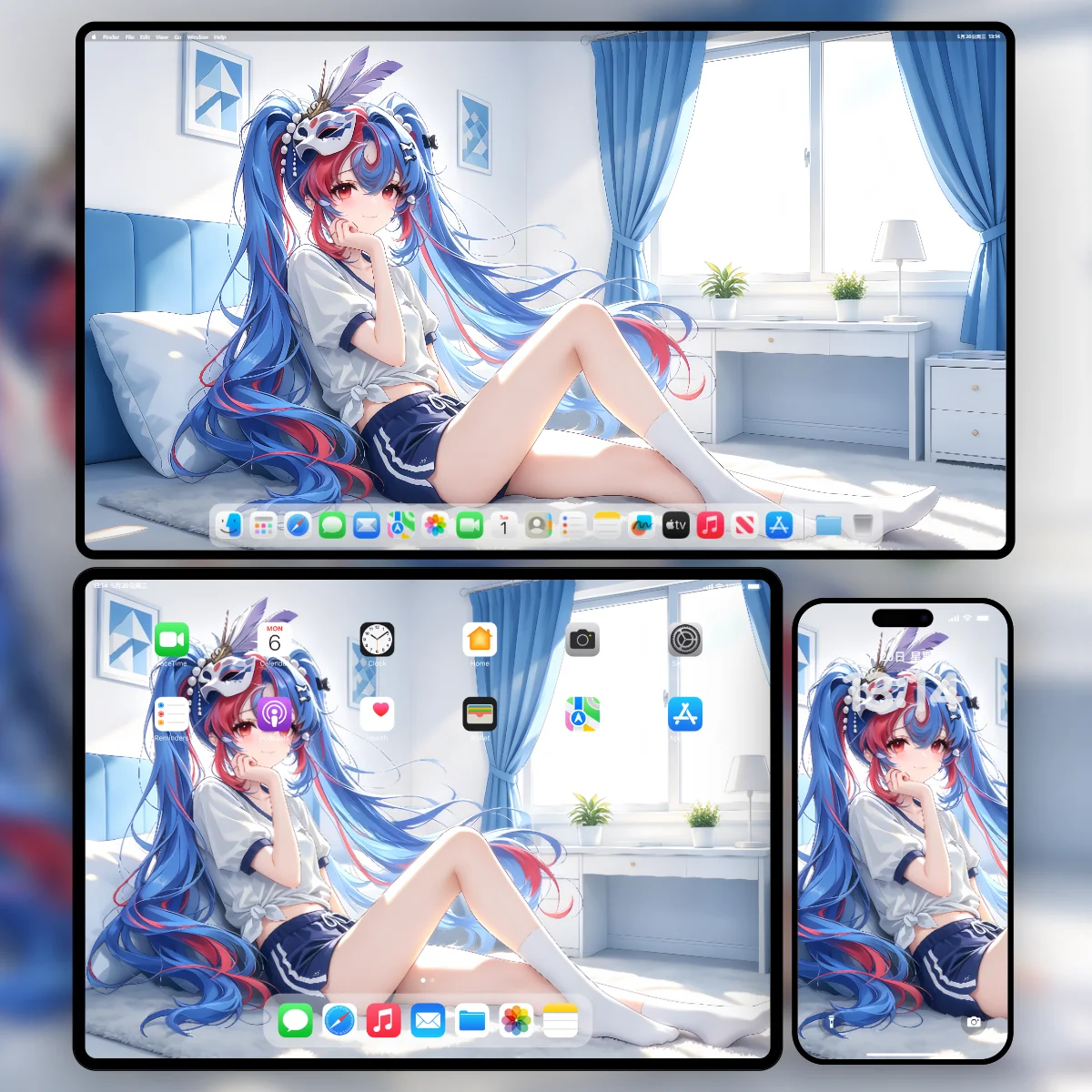 鸣潮洛可可双马尾身穿运动短裤与白丝在阳光明媚的卧室休息的超清壁纸-包含电脑平板手机三端极致画质样机展示-奇漫壁纸官网