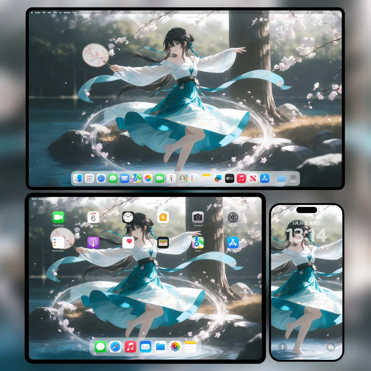 《崩坏:星穹铁道》阮梅赤足在水面上轻舞,身穿青白相间的飘逸长裙,手持古典团扇,脚下泛起发光的水环特效,周围有粉色花瓣随风飘落。
