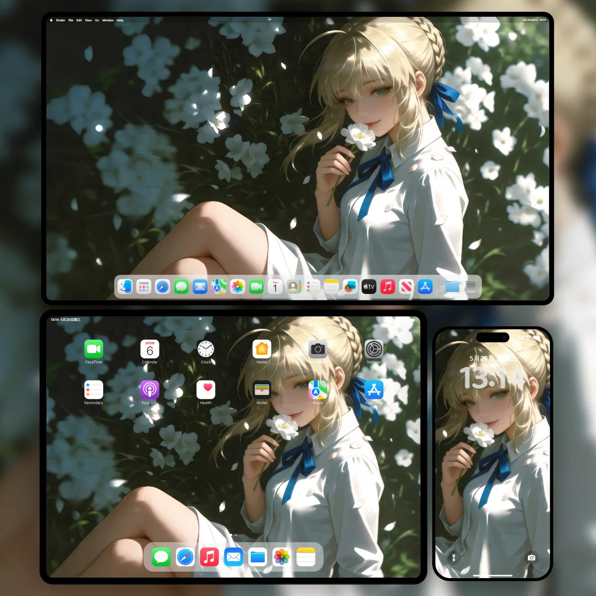 Fate系列Saber阿尔托莉雅身穿白衬衫手持白花坐在花海中-三端适配样机-奇漫壁纸官网