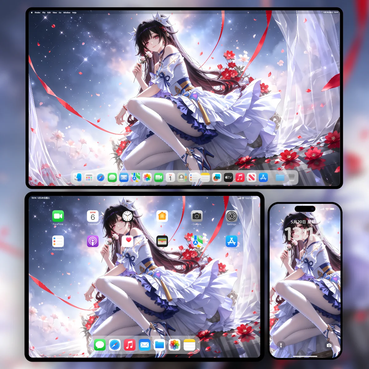 崩坏星穹铁道花火身穿唯美白裙在繁星夜空下被红花与飘带环绕的超清壁纸-包含电脑平板手机三端极致画质样机展示-奇漫壁纸官网