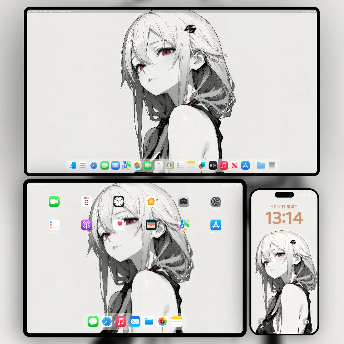 原神阿蕾奇诺黑白红高对比度回眸同人壁纸-三端适配样机展示-奇漫壁纸官网