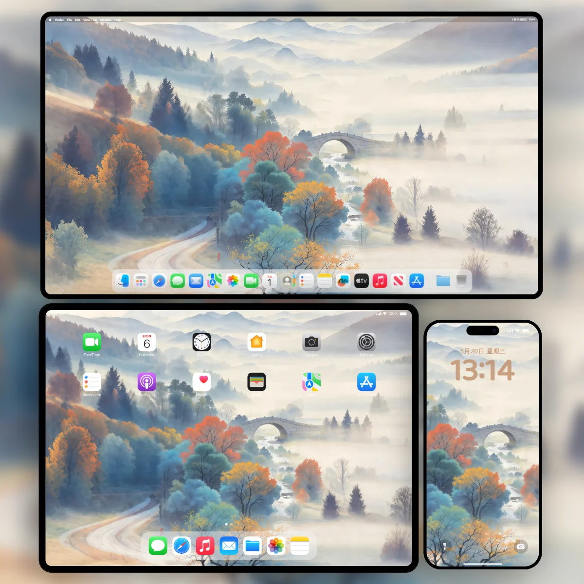 中式水墨风秋林远山石桥意境壁纸-晨雾留白护眼色调-三端适配样机-奇漫壁纸官网