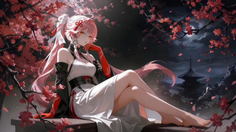 《鸣潮》长离 8K 超清原画壁纸:红梅月夜下的离火羽衣,全设备三合一适配版