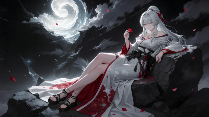 《鸣潮》绯雪4K壁纸:暗黑月夜绝美红裙(电脑/平板/手机全端适配)