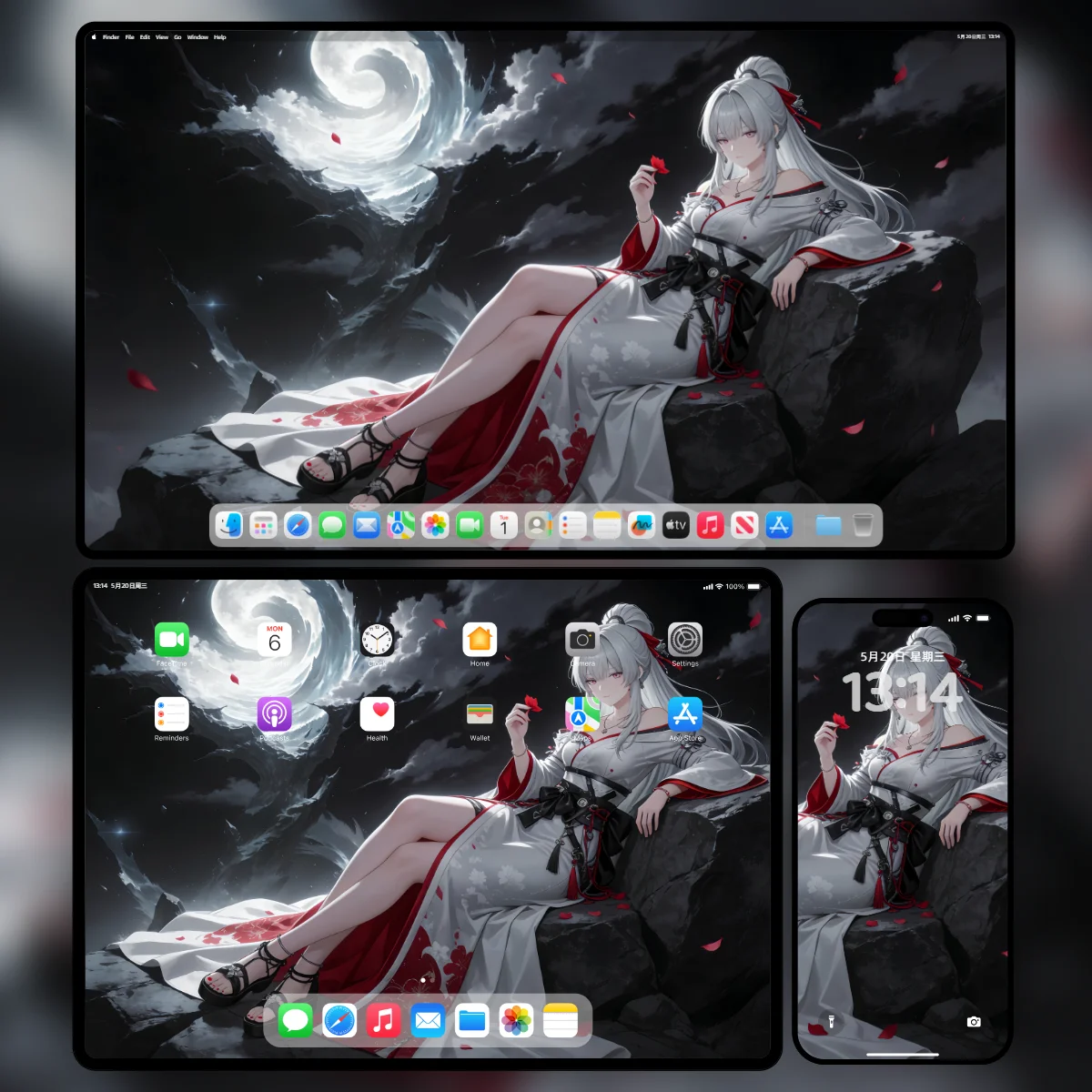 鸣潮绯雪身穿白红相间古风裙装,慵懒坐在暗夜礁石上,背景是深邃的漩涡月空与飘落的殷红花瓣。