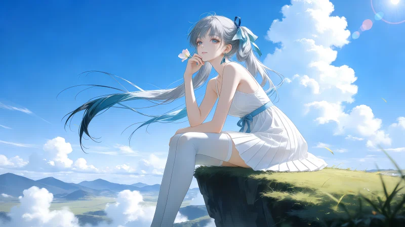 《鸣潮》今汐 4K 超清壁纸:蓝天白云与悬崖之巅的唯美风景原画