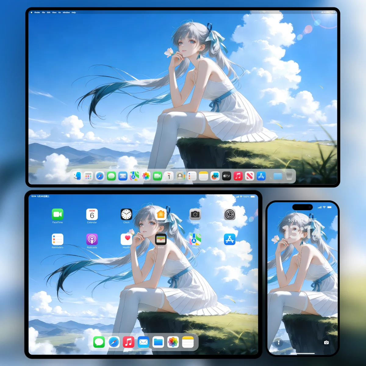 《鸣潮》今汐悬崖风景4K壁纸多端效果展示:包含蓝天白云大场景的电脑、平板与手机清新适配版本