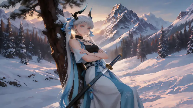 《鸣潮》今汐 8K 超清壁纸:岁主临雪山,冷艳龙角少女全端适配版