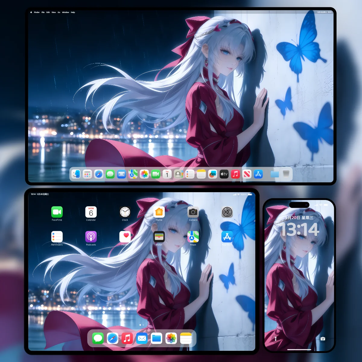 鸣潮珂莱塔8K超清壁纸-白发红裙蓝蝴蝶都市夜景三端适配样机-奇漫壁纸官网