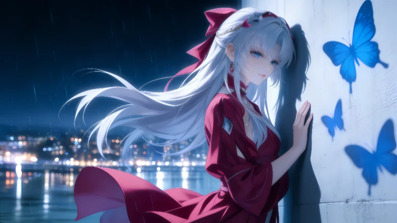 《鸣潮》珂莱塔 8K 超清壁纸:红裙白发与蓝蝶的都市夜曲,全设备三合一适配版