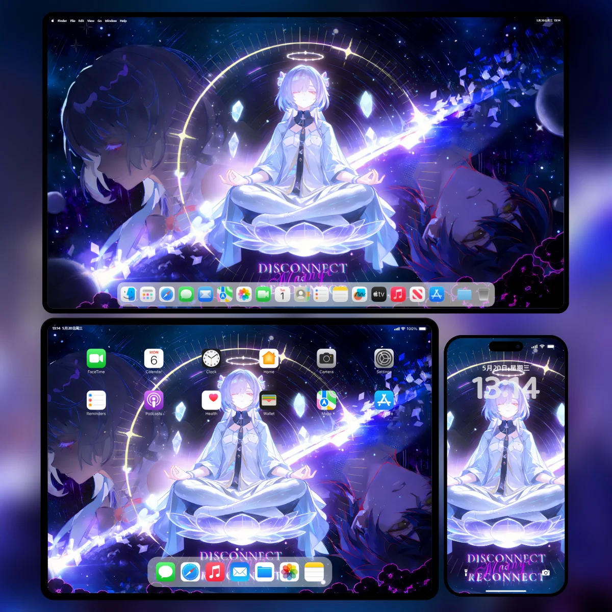 《鸣潮》莫宁闭目盘腿坐在全息发光的莲花上,身后有巨大的金色与蓝色霓虹光环,两侧浮现暗影侧脸,画面下方带有“DISCONNECT RECONNECT”发光英文字样。