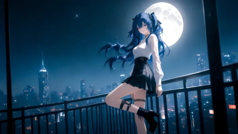 《鸣潮》尤诺 8K 超清原画壁纸:都市月夜下的双马尾少女,全设备三合一适配版