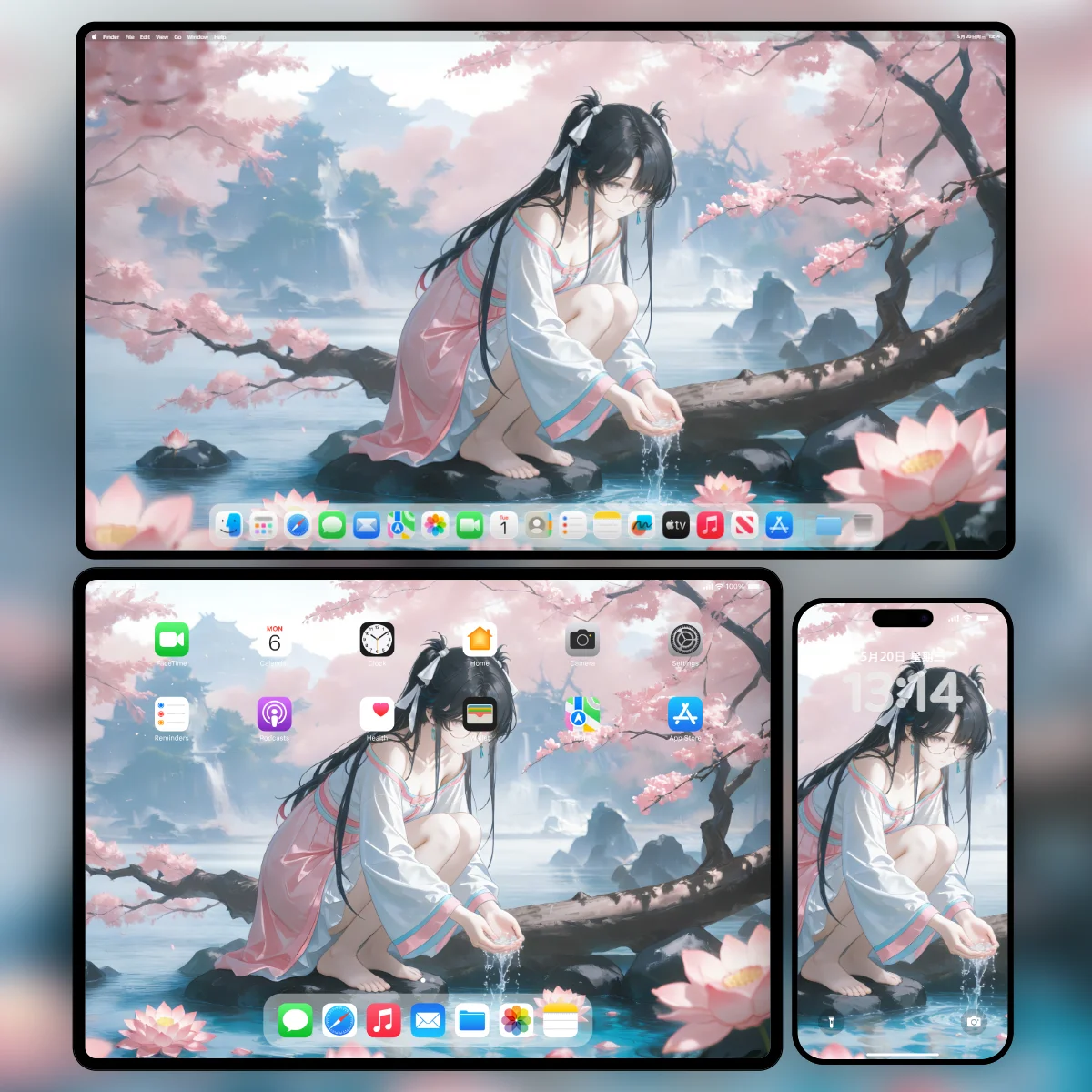 《鸣潮》折枝东方仙气唯美4K壁纸多端效果展示:包含粉蓝治愈色调的电脑、平板与手机适配版本