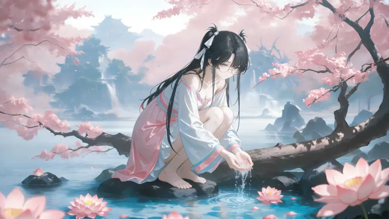 《鸣潮》折枝 4K 超清壁纸:荷花流水与东方仙气的治愈原画