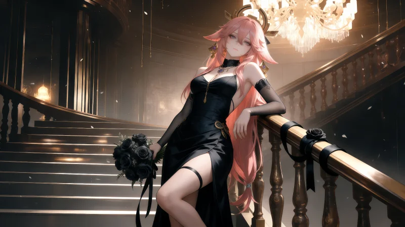 《原神》八重神子:黑玫瑰与高定晚礼服,极具财阀千金感的高清原画