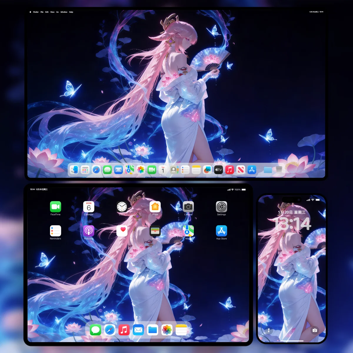 原神八重神子身穿开叉白裙手持折扇被蓝色发光蝴蝶与粉莲环绕的8000x4500超清壁纸-深色护眼背景-电脑平板手机三端极限分辨率样机展示-奇漫壁纸官网