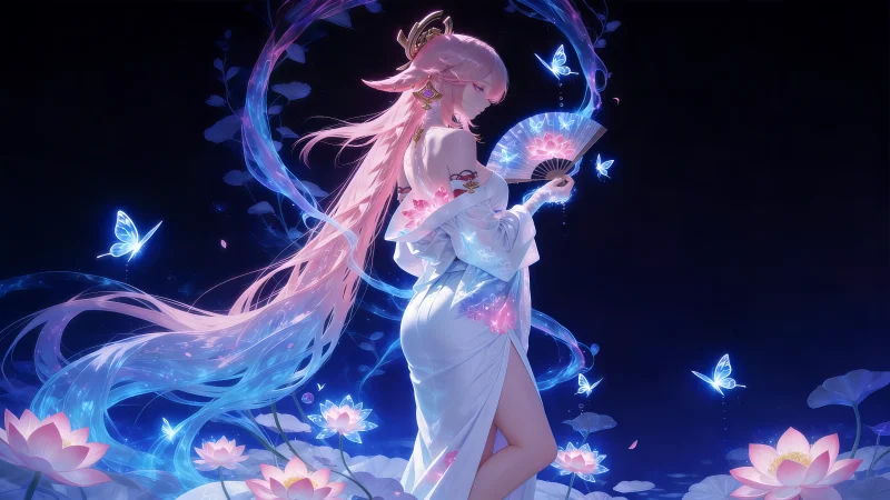 八重神子 8K 电脑/手机壁纸:原神幻蝶白裙唯美风同人,8000×4500 极限分辨率三端无损下载