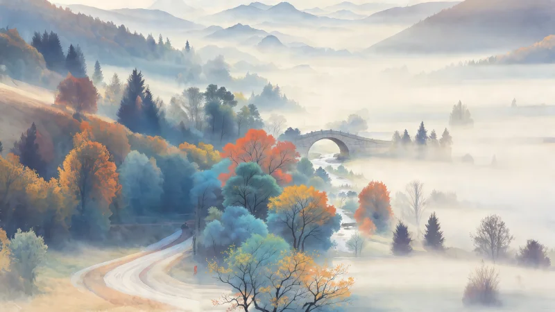 晨雾里的中式高级感:禅意远山秋林图