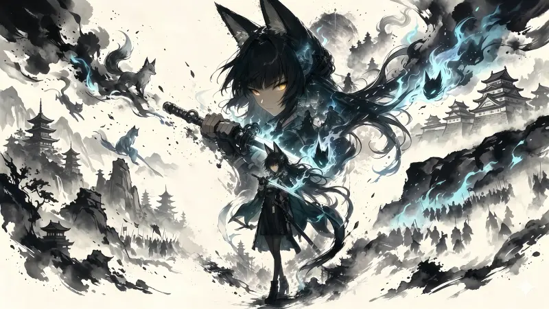 《绝区零》星见雅水墨风高清壁纸合集:狐耳武士拔刀斩,包含 8K 极致分辨率三端