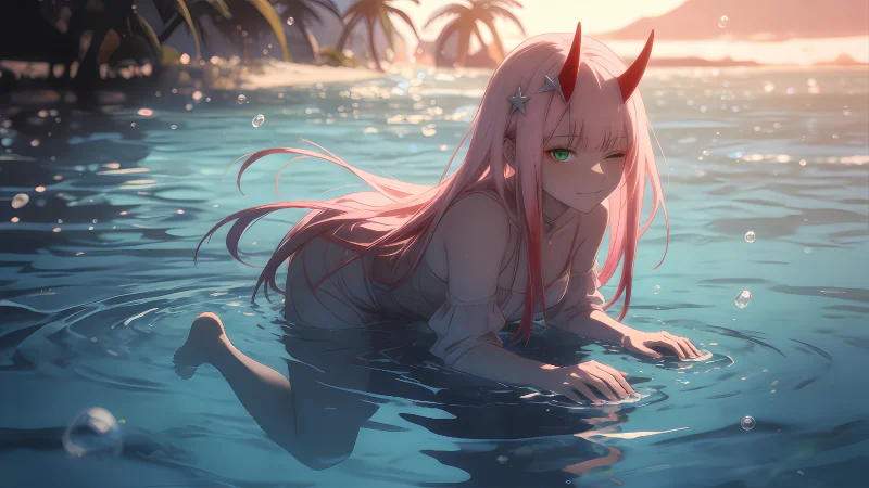 《DARLING in the FRANXX》零二海滨水景高清壁纸合集:纯白水影与明媚回眸,含 8K 三端无损包