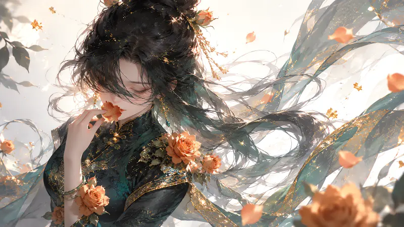 华丽古风旗袍动漫少女!绝美墨绿金琥珀橙,Retina配无损 .png 壁纸