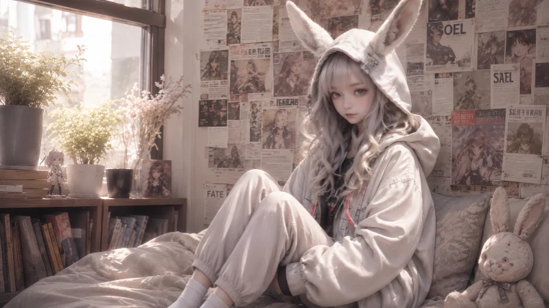 慵懒周末!兔耳动漫少女 Lofi 治愈系卧室壁纸