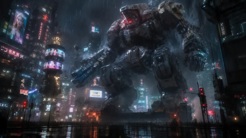 统治级压迫感！赛博雨夜重装机甲超清壁纸