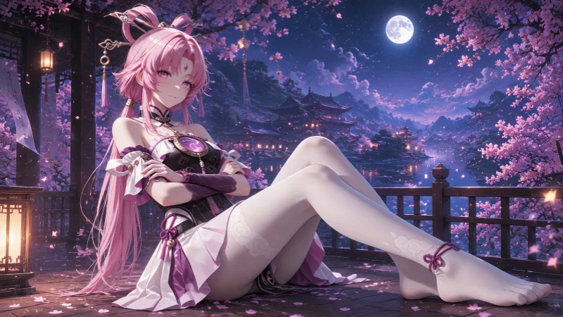 符玄月下夜樱紫粉色壁纸,崩坏星穹铁道暗色护眼桌面图