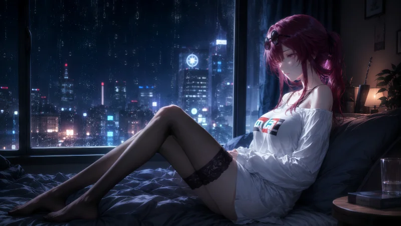 听雨发呆的卡妈!《星穹铁道》卡芙卡都市雨夜微醺壁纸