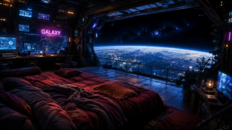 星辰之梦！远眺地球的科幻卧室，Lo-fi 宇宙霓虹 GALAXY 氛围感壁纸，无损 PNG 图包