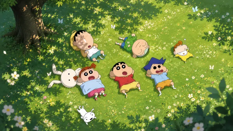 童年治愈神图!蜡笔小新草地午睡护眼壁纸
