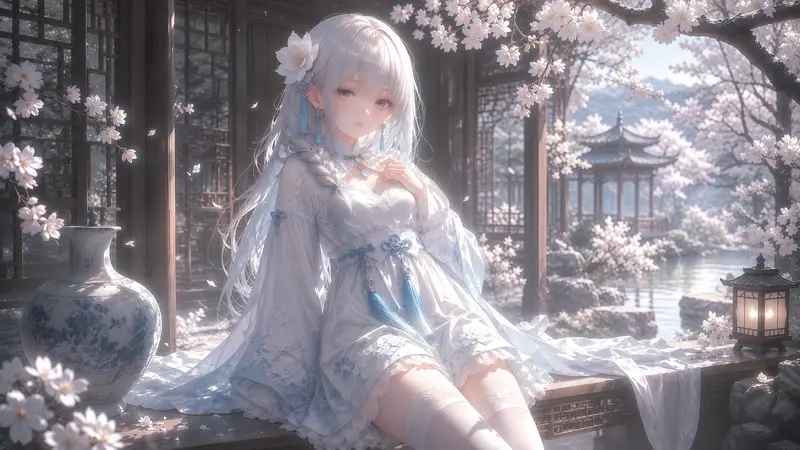 古风少女高清壁纸 春日庭院唯美电脑手机壁纸