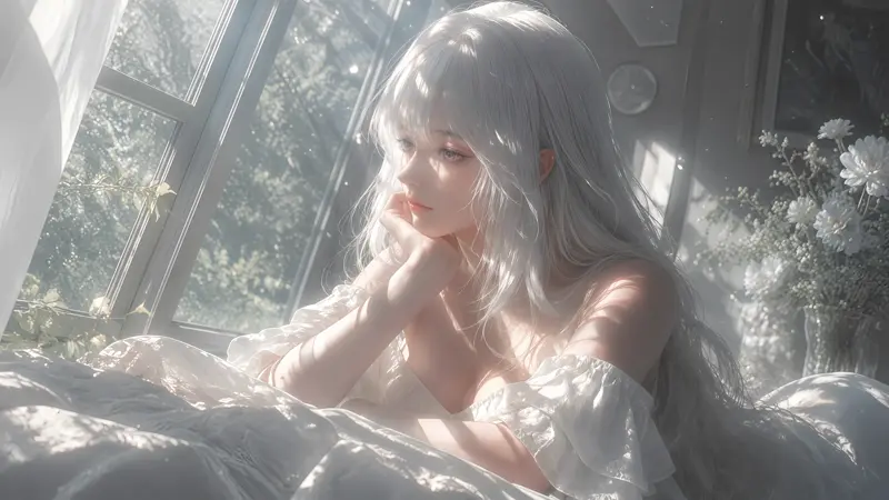 动漫少女壁纸 银白睡裙阳光卧室治愈高清壁纸