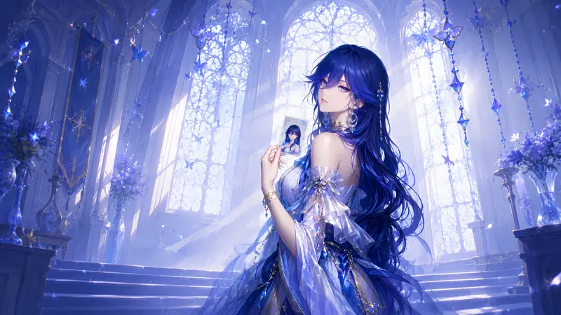 二次元幻想风蓝发少女壁纸 欧式大教堂唯美高清壁纸