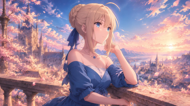Saber吾王樱花城堡黄昏壁纸
